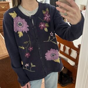 Vintage Appleseed's Women's Navy Purple Embroidered Floral Cardigan Sweater L